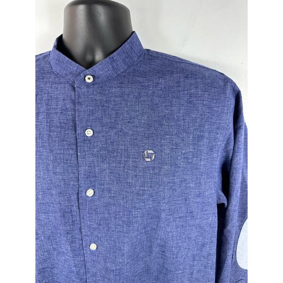 Lands End Linen Blend Longsleeve Band Collar Dress Shirt Size 15.5 x 33 Blue - Picture 9 of 11